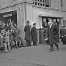 Wartime leader Winston Churchill leaves the Grand Hotel during a visit to Sheffield on April 16, 1951, six months before he became prime minister for a second time