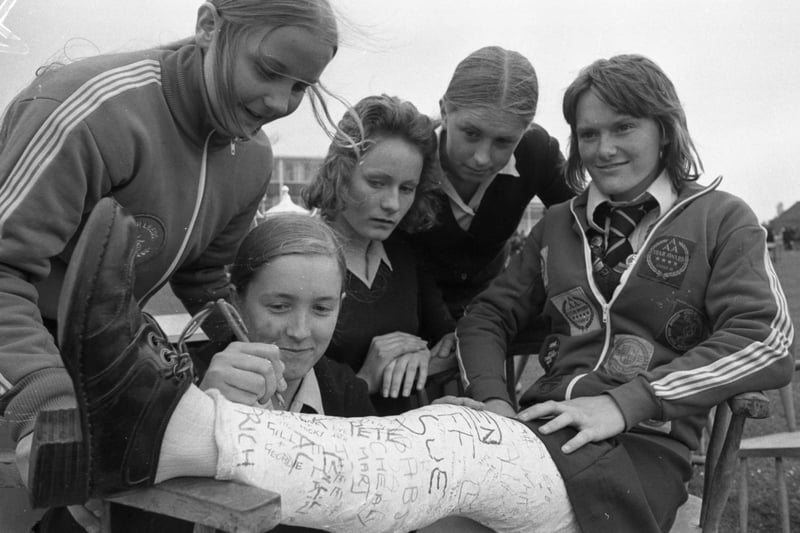 This Farringdon School sports day photo featured Karen Howe (15) in plaster as well as Judith Grieg, 15, Pauline Cawthorne, 15, Margaret Hayes, 14, Irene Cawthorne, 15.