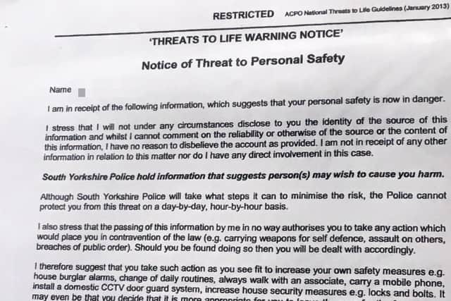 A copy of the Osman warning given to the woman, which recommended she "take such action as you see fit to increase your own safety measures."