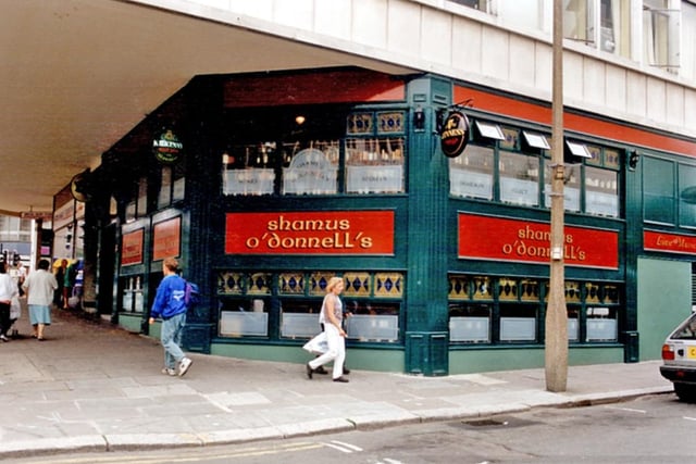 Shamus O'Donnell's pub on Furnival Gate, at the junction with Union Street, Sheffield city centre, in June 1996. It was formerly The Hind and The Nelson, with the building pictured replacing the old Nelson in 1963.