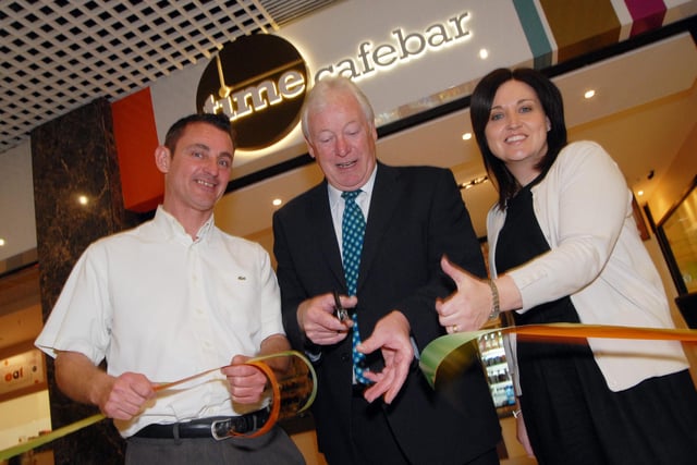 Mansfield Mayor Tony Egginton, centre, opened Mansfields Four Seasons shopping centres new cafe Time Cafebar with Rebekah O'Neill, the Four Seasons Center manager, right, and Mark Harris Time Cafebar's manager, left back in 2012