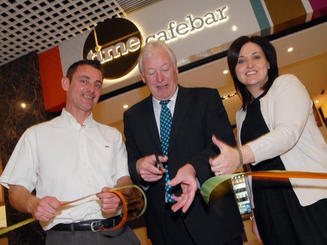 Mansfield Mayor Tony Egginton, centre, opened Mansfields Four Seasons shopping centres new cafe Time Cafebar with Rebekah O'Neill, the Four Seasons Center manager, right, and Mark Harris Time Cafebar's manager, left back in 2012