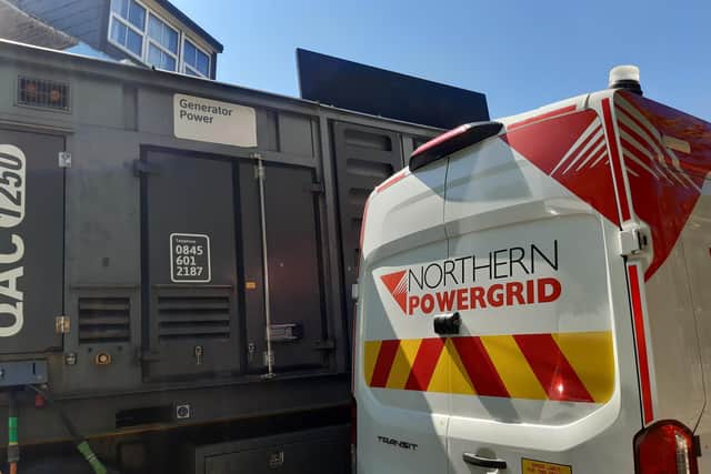 A huge Northern Powergrid power generator parked next to an electricity sub-station behind Upperthorpe Peace Garden, Sheffield. A fire that damaged cables there has led to a series of power cuts in the area