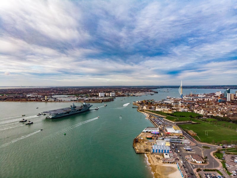 HMS Queen Elizabeth returned home to Portsmouth on December 10, 2018 just in time for the ship's company to spend Christmas with their families. Picture taken by a drone by Phillip Bramble