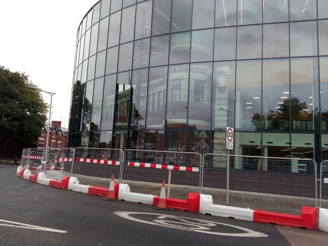 View of the under-construction Danum Gallery, Library and Museum, at Waterdale, showing the former girls school inside the glass atrium
