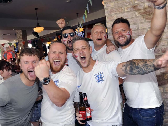 Jubilant England Fans in Yates Bar in Sheffield city centre watching the World Cup quarter final win over Sweden, on July 7, 2018