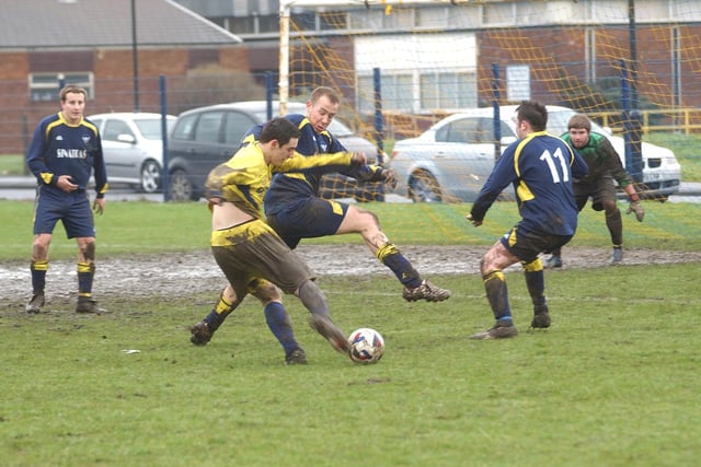 Lion Hillcarter in the yellow strip are on the attack against Mulgrave Athletric in this 2008 encounter at the King George V playing fields.