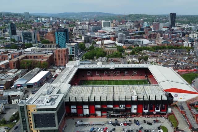 SHEFFIELD, ENGLAND - MAY 09: (EDITORS NOTE: This photograph was taken using a drone) An aerial view of Bramall Lane, home of Sheffield United Football Club on May 09, 2022 in Sheffield, England. (Photo by Michael Regan/Getty Images)