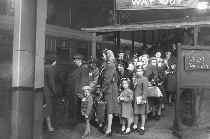 Evacuees go home to London just weeks after VE Day. These evacuees were waiting to board the train at Sunderland Central Station.