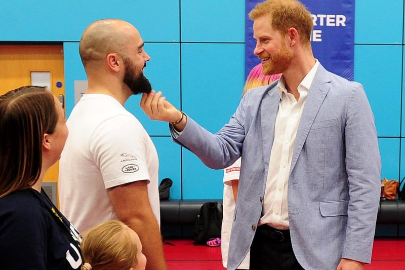 The Duke of Sussex Prince Harry meets competitor Mitch Mitchell at the Invictus Games Trials in Sheffield