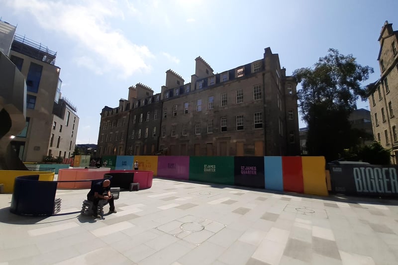 The latest incarnation of St James Square, pictured in July 2021. The surviving buildings from the original St James Square are in the process of being restored.