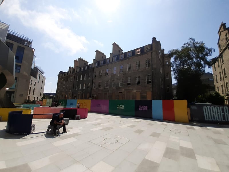 The latest incarnation of St James Square, pictured in July 2021. The surviving buildings from the original St James Square are in the process of being restored.