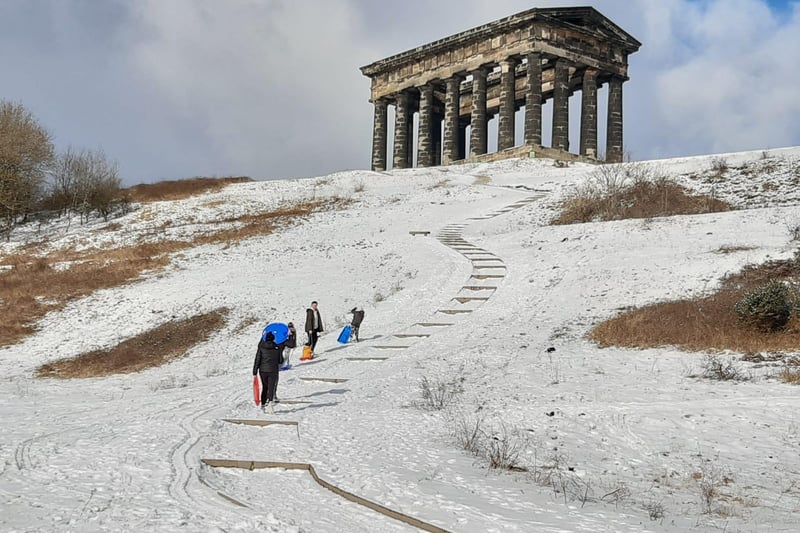 Residents braved the cold to sledge down the bank near Penshaw Monument in Sunderland.