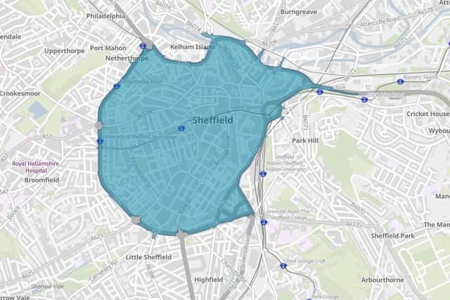 Map of where the most polluting vehicles will be charged in Sheffield Council\\\'s Clean Air Zone for the city centre. © Crown copyright and database rights 2021 OS licence number 100018816.
