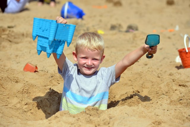 Noah William, six, enjoys taking part in the Hartlepool Carnival sandcastle contest in 2018.