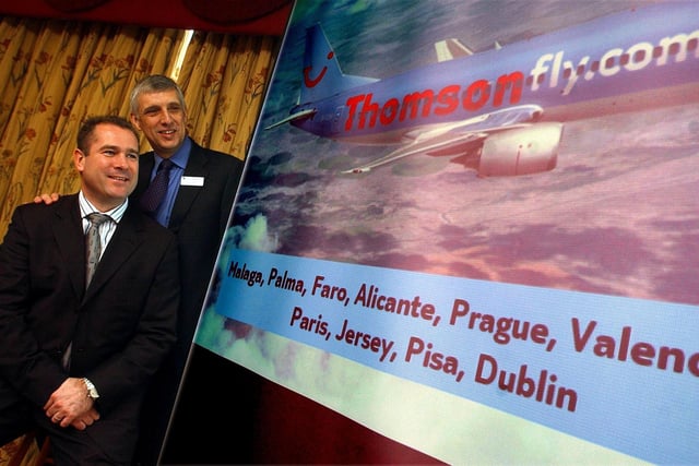Alex Hunter (front), then Thomsonfly.com chief commercial officer, and David Ryall, then Robin Hood Airport managing director designate, are pictured at the announcement of the low cost airline's 'On Sale Date For Doncaster Flights' at the Mount Pleasant Hotel, Doncaster, yesterday.