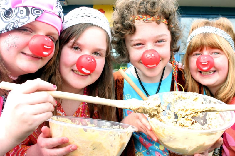 Brimington Junior School Comic Relief fundraiser, cookie making, fancy dress penny mile etc. l-r: Emily brooks, Rachel Smith, Charlotte Dewberry, Anna Bavilacqua in 2009