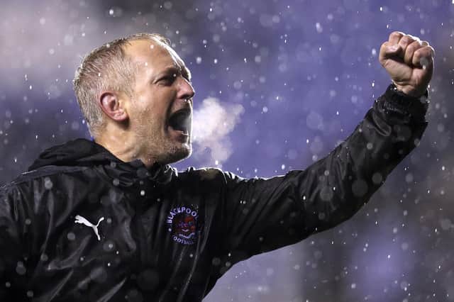 READING, ENGLAND - OCTOBER 20: Neil Critchley, Manager of Blackpool celebrates victory following the Sky Bet Championship match between Reading and Blackpool at Madejski Stadium on October 20, 2021 in Reading, England. (Photo by Richard Heathcote/Getty Images)