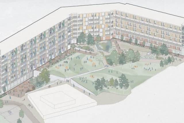Illustration of Park Hill redevelopment phase 4. Residents said a storm could be brewing over the latest Park Hill redevelopment phase because of plans to build a car park on communal fields.