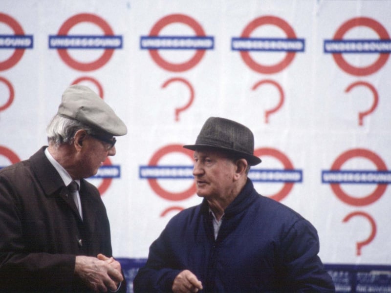 Two men chatting in a Strathclyde Transport underground station in Glasgow, August 1990.