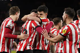 Sheffield United celebrate Ciaran Clark's goal against Coventry City: Andrew Yates / Sportimage