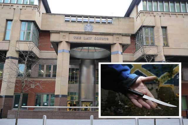 Sheffield Crown Court, pictured, has heard how two thugs have been spared from jail after a city centre fracas and a stabbing in Sheffield. Also pictured is an example of a knife.
