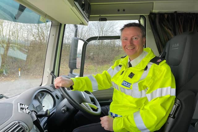 Paul at the wheel of the covert Highways HGV used by South Yorkshire Police to catch unsafe driving practices