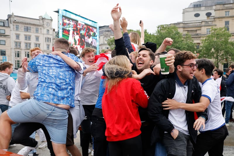 England supporters react while watching the UEFA Euro 2020 football match between England and Germany at the fan zone in central London (AFP via Getty Images)