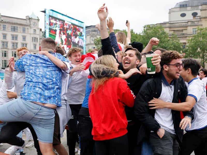 England supporters react while watching the UEFA Euro 2020 football match between England and Germany at the fan zone in central London (AFP via Getty Images)