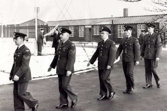 The men of RAF Norton march off the parade ground after the lowering of the ensign to mark the closure of the camp, January 29, 1965