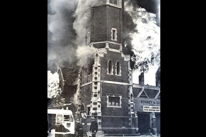 This fantastic photograph was taken by News photographer Mike Walker.
Fire can be seen engulfing the former church on the corner of Twyford Avenue and Kingston Road. The firemen are dwarfed by the tower and mighty flames.
On the evening of February 5, 1971 the former church and warehouse, by then owned by Benney & Sons Ltd, was engulfed in flames and all
the frontline fire engines and every available fireman in the city were
involved in putting out the fire.