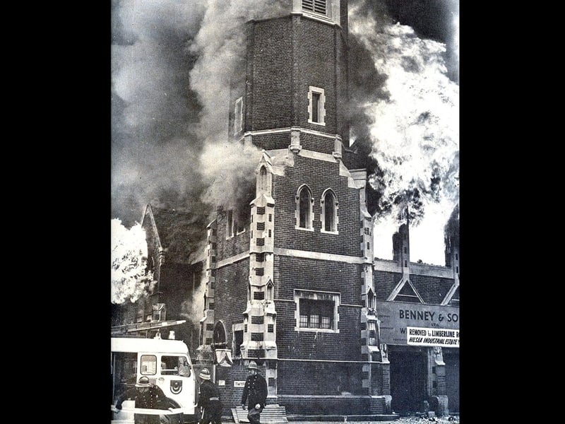 This fantastic photograph was taken by News photographer Mike Walker.Fire can be seen engulfing the former church on the corner of Twyford Avenue and Kingston Road. The firemen are dwarfed by the tower and mighty flames.On the evening of February 5, 1971 the former church and warehouse, by then owned by Benney & Sons Ltd, was engulfed in flames and allthe frontline fire engines and every available fireman in the city wereinvolved in putting out the fire.