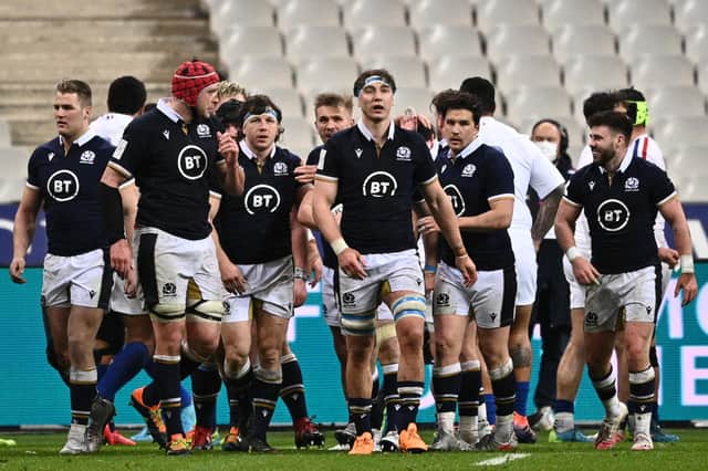 Scotland's players celebrate Dave Cherry's try