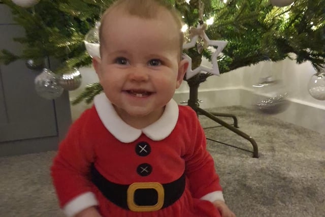 Adorable Freya in a Christmas outfit. Submitted by Lauren Vallance.