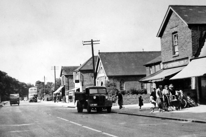 Cowplain circa 1960  
Looking south along the A3 London Road circa 1960.  A Southdown bus heads for Petersfield. Picture: Barry Cox collection.