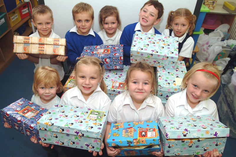Pupils at Park Infant and Nursery School in Shirebrook put together shoeboxes for Operation Christmas Child. Pictured, back row from left, are Owen Plasto, Declan Booth, Carley Adcock, Gareth Davies and Maddie Perry. 
Front, from left, are Stevie-Jo Haynes, Charlotte Booth, Tiela Cruse and Lucy Westby.