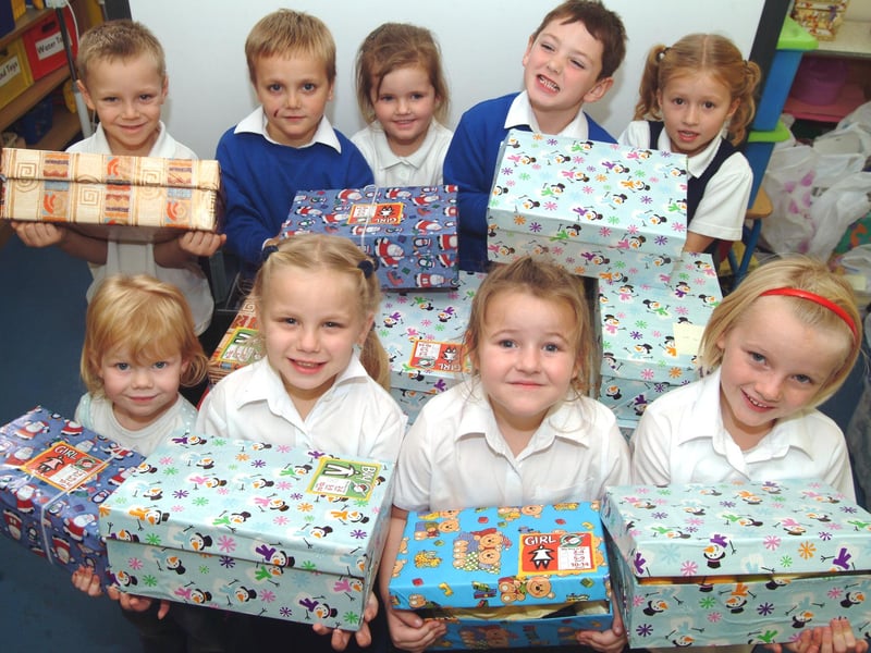 Pupils at Park Infant and Nursery School in Shirebrook put together shoeboxes for Operation Christmas Child. Pictured, back row from left, are Owen Plasto, Declan Booth, Carley Adcock, Gareth Davies and Maddie Perry. 
Front, from left, are Stevie-Jo Haynes, Charlotte Booth, Tiela Cruse and Lucy Westby.