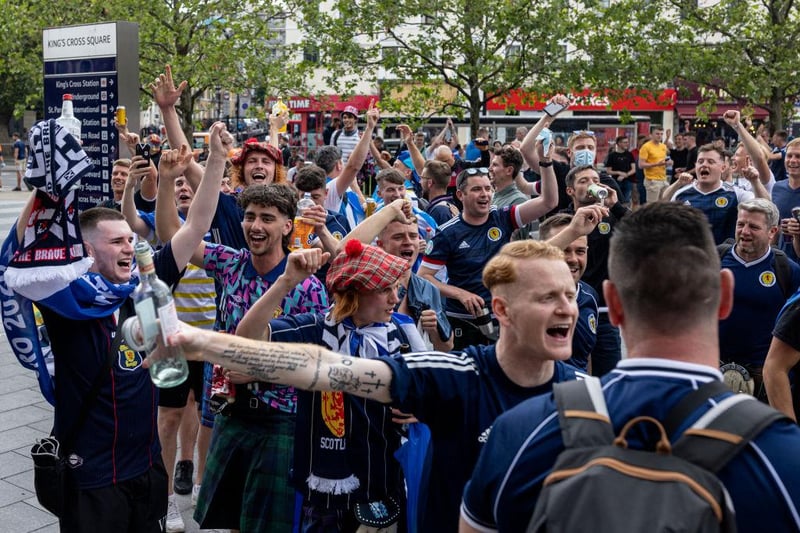Scotland fans show off their winning spirit as they rallied in King's Cross Square, the police have asked that those without tickets do not travel to London for the game, due to fears around the spread of Covid.