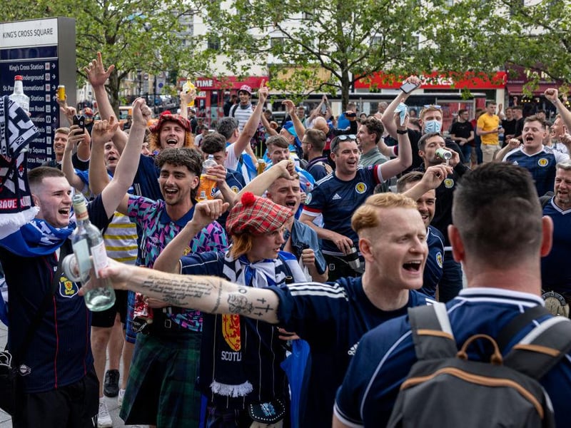 Scotland fans show off their winning spirit as they rallied in King's Cross Square, the police have asked that those without tickets do not travel to London for the game, due to fears around the spread of Covid.