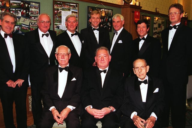 Pictured at the Kenwood Hall, where the Sheffield Hockey Club held their centenary dinner in 1998. Seen LtoR at the dinner are,  back row, Roger Lomas Club Chairman, Gordon Hall Speaker, Robin Elliott of the English Hockey Assn, David Faulkner  Guest Speaker,  Brian Ward Organiser, Andy Tapley MC For the Evening, and Richard Wilson Club Captain. Frount LtoR are, Ken Stoneman Ex Club President, John Nicholls the Club President, and  Charles Buck Ex President.