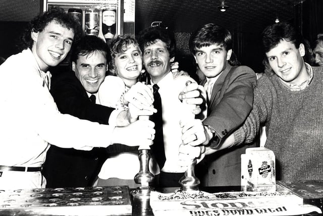 Re-opening of the Arbouthorne Hotel, by Sheffield United  and Sheffield Wednesday players with from left, Mel Sterland, Gary Shelton, Josie and Tery Fisher (landlord and landlady) Charlie Williamson and Russell Black, December 1984