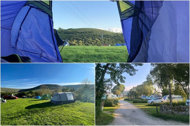 Beltonville Farm, Buxton (photo: Pitchup.com);  Dale Farm Rural Campsite,  Great Longstone; Upper Booth Farm, Edale (photo: National Trust), pictured clockwise from top.