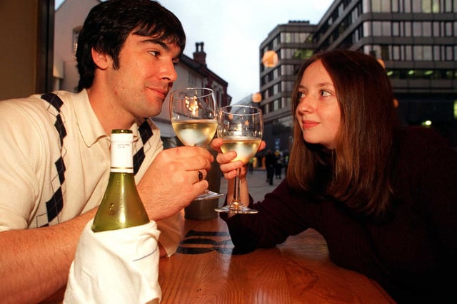 Alan McGowan, 26 and Vanessa Dempsey, 20 enjoy a glass of wine at the All Bar One wine bar, Pinstone Street, Sheffield in 1997