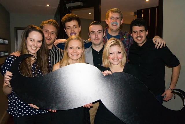 The University of Sheffield's English Society Committee, which organised Movember fundraising efforts in 2013.  L-R: Jade Young, Jed Dixon, Ben Scull, Becca Dale, Jacob Coupé, Lawrence Walsh, Jennifer Yates and Ryan Bramley.