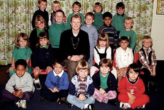 Miss Treece pictured with her new reception class at Hartley Brook Primary School, Sheffield, September 19, 1997