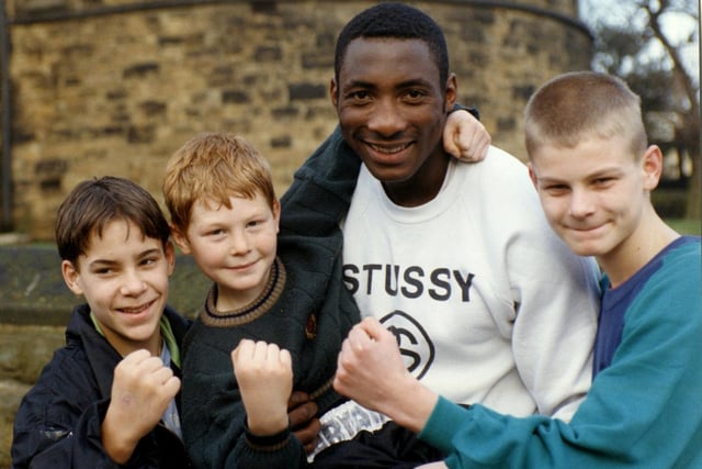 Johnny Nelson and young boxing champions at Brendan Ingle's gym January 1994