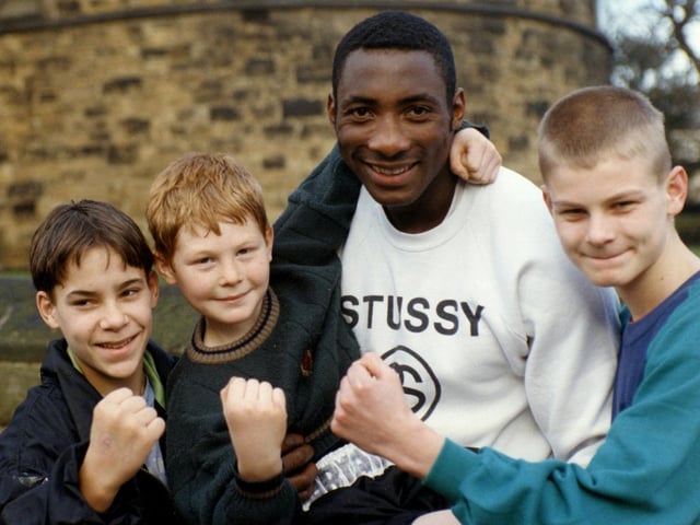 Johnny Nelson and young boxing champions at Brendan Ingle's gym January 1994