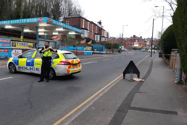 The police cordon at Burngreave Road, Sheffield, today, as police investigate a suspected murder