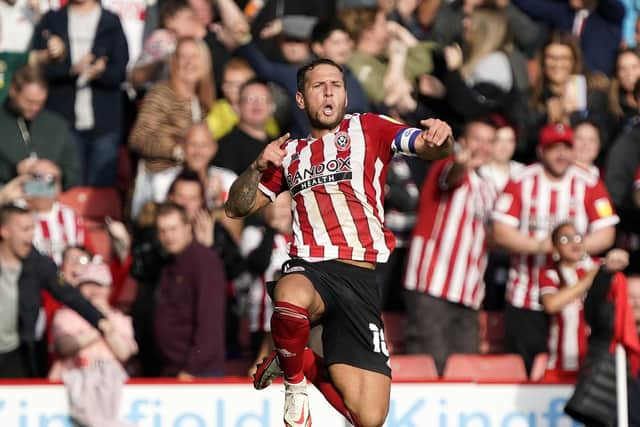 Sheffield, England, 25th September 2021. Billy Sharp of Sheffield Utd celebrates scoring the winning goal during the Sky Bet Championship match at Bramall Lane, Sheffield. Picture credit should read: Simon Bellis / Sportimage