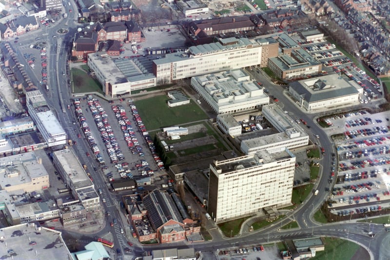 Waterdale showing the Doncaster College, Doncaster Magistrates Court, Doncaster Police Station and the former Coal House, later Council House